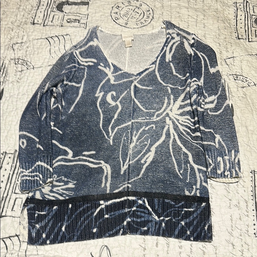 Chico's Blue and White V-Neck Sweater